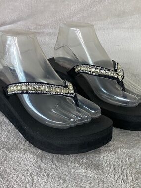 Skechers Cali Vinyasa Platform Sandals Womens Size 8 Black Rhinestone Foam